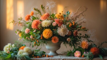 Fototapeta premium Colorful flower arrangement in a white vase with flowers, greenery, and a soft background.