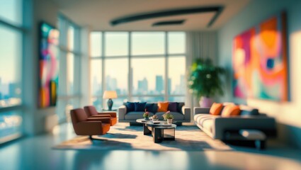Fototapeta premium Bright modern living room with large windows, colorful abstract art, sofas, armchairs, and a cityscape view. Comfortable and stylish interior design.