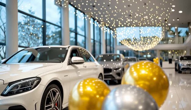 Car dealership showroom with white luxury car in foreground, cluster of golden and silver balloons on right side, blurred cars in background, modern automotive showroom