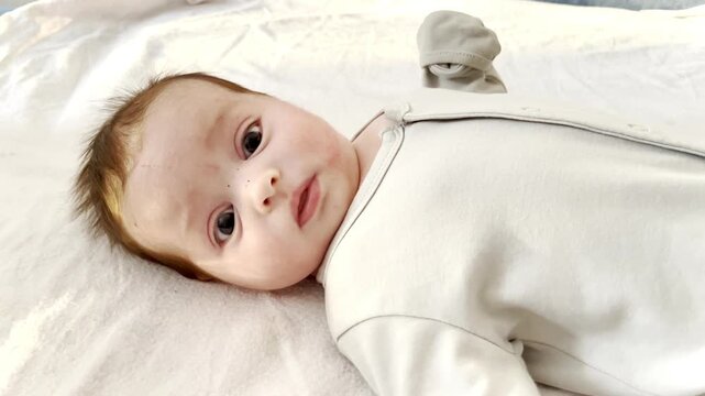 Little newborn baby lying on back smiling and looking at camera. Concept of healthy development of baby 0-6 months, baby care.