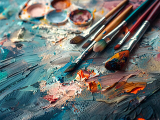 Obraz premium Vibrant Abstract Painting in Studio with Brushes, Canvas, and Color Palette