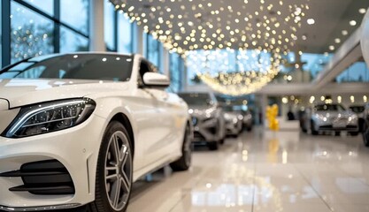 Car dealership showroom with white luxury car in foreground, cluster of golden and silver balloons on right side, blurred cars in background, modern automotive showroom