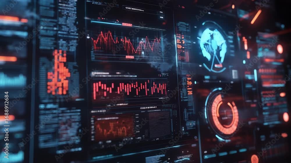 Aufkleber futuristic server room displaying global data and analytics with charts and graphs