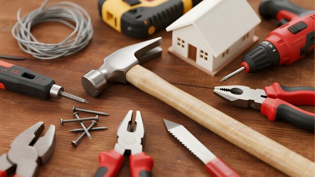 Assorted hand tools and a model house on a wooden surface, suggesting home repair or construction activities.