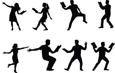 Silhouette people reading books in dynamic poses, expressive movement, literature lovers, dramatic storytelling, education concept,