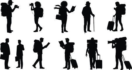 Silhouettes of diverse travelers with luggage, backpacks, cameras, books, walking sticks, exploring tourism, adventure, vacation, journey, leisure, outdoor activities