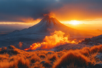 Fototapeta premium Volcanic eruption at sunrise with flowing lava and dramatic ash clouds illuminating the surrounding mountains