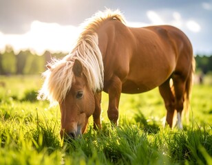 A horse grazing in a field at sunset