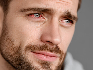 Fototapeta premium Close-up portrait of a thoughtful man with a well-groomed beard and striking blue eyes, showcasing a contemplative expression against a neutral background