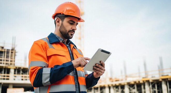 Construction Worker Inspecting Construction Site Blueprint on Tablet with Orange Hard Hat and Vest