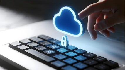 Hand interacting with a glowing cloud icon above a keyboard, symbolizing cloud computing security.