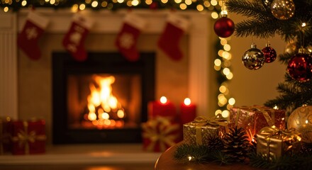 Christmas decorations stockings fireplace ornaments and presents creating a warm holiday atmosphere.