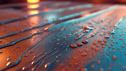 Water droplets on a wet surface with reflections, macro shot, showing texture and detail.
