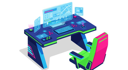 Futuristic Gaming Setup with Holographic Display and Neon Accents.