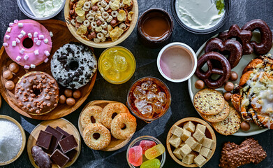 Food products high in added sugar. Junk food