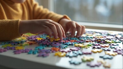 A child’s hands diligently working on a colorful jigsaw puzzle, showcasing focus and creativity.