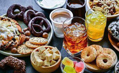 Food products high in added sugar. Junk food