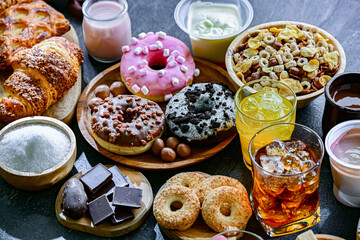 Food products high in added sugar. Junk food