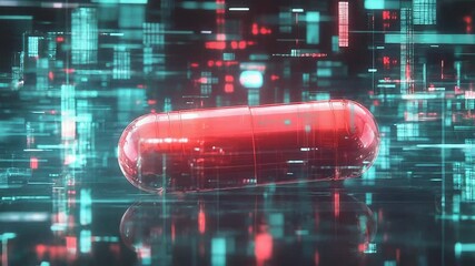 Red pill floating in cyberspace representing digital health and medical technology - Powered by Adobe