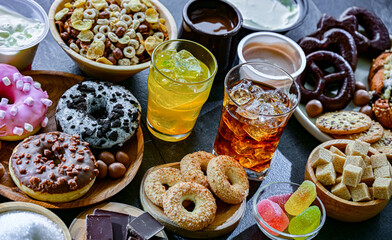 Food products high in added sugar. Junk food