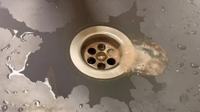 Saliva with blood falls into a gray sink and flows down the drain