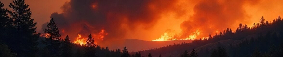 Obraz premium Fiery orange and black smoke billows from a burning forest, trees consumed by flames, ashes falling, a devastating wildfire scene , orange, crisis, wilderness