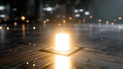 A computer chip is lit up in a dark room. The chip is surrounded by a lot of light. Semiconductor chip glowing dimly in empty dark warehouse, semiconductor shortage dramatic muted scarcity tone - Powered by Adobe