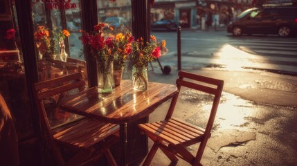Empty Wooden Table with Flower Vases Inside Coffee Shop During Sunset