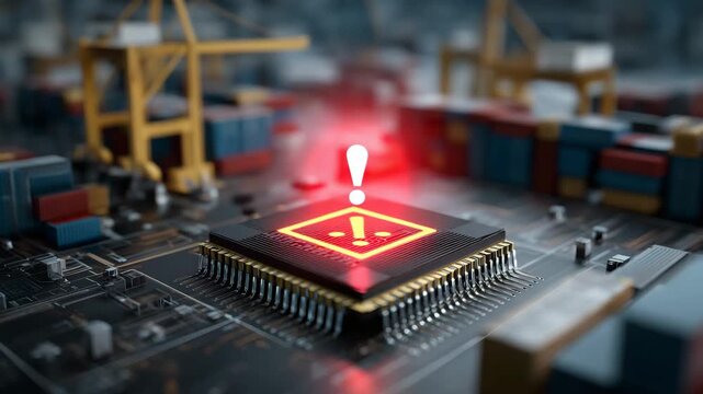 A computer chip with a red X on it. The chip is on a black surface. Semiconductor chip floating above broken supply chain with warning sign overlay, semiconductor shortage dramatic conceptual