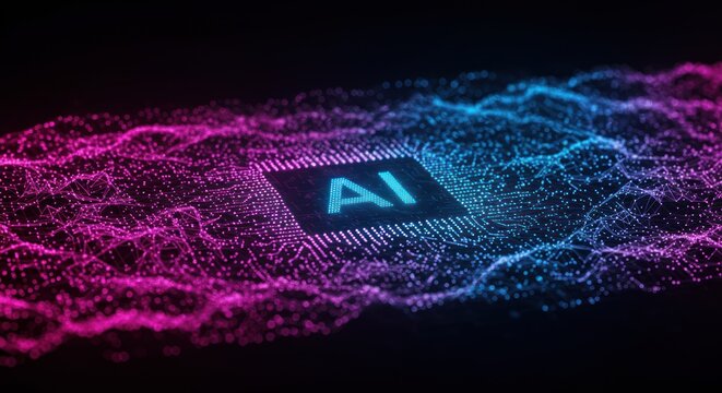 AI text on chip with pink and blue glowing particles on black background.