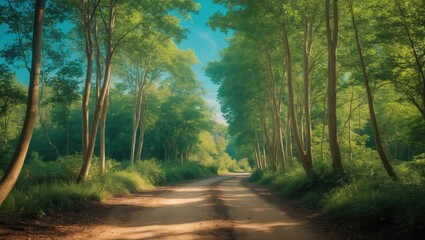 Naklejka premium A forest roadway surrounded by tall trees with lush green leaves, sunlight filtering through, and a peaceful natural landscape.