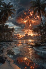 Naklejka premium The unsettling sight shows a massive atomic bomb detonating above a tropical beach surrounded by palm trees during a dramatic sunset. The sky is filled with fiery clouds and smoke