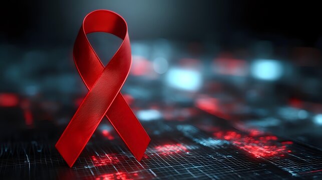 Red awareness ribbon overlaid on abstract glowing digital grid background symbolizing research and technology