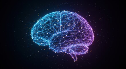 Digital brain illustration with interconnected nodes on a dark background.