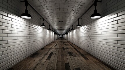 Perspective view down a long, narrow tunnel with white brick walls and wooden plank floor