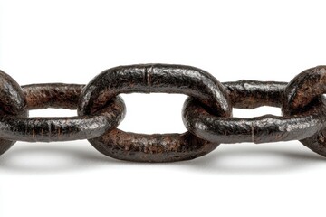 Obraz premium A long dark chain stretches in a straight line, each link clearly defined against a white background, highlighting its rough texture and metallic finish. The chain appears sturdy and industrial