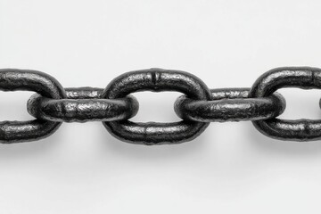 A lengthy dark chain is meticulously laid out in a straight line against a neutral background, showcasing its rugged texture and craftsmanship