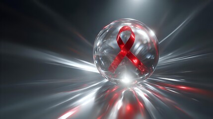 Red ribbon inside crystal-clear sphere surrounded by glowing light rays, symbolizing Duchenne resilience