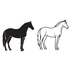 Bold Horse Silhouette & Horse Lineart – Horse Vector Artwork Emphasizing Defined Body Shape – Black Vector of Horse – Vector Set of Horse