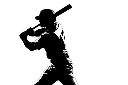 Dramatic silhouette of baseball player swinging bat with power, showcasing athleticism and determination in a high-contrast sports image, monochrome. - Powered by Adobe