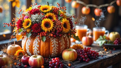 Fototapeta premium A vibrant flower arrangement with sunflowers in a carved pumpkin, surrounded by apples, grapes, and autumn decorations on a rustic table.