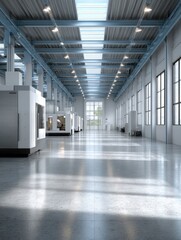 Fototapeta premium This CNC machine hall features sleek, modern equipment arranged neatly along a spacious layout, emphasizing efficiency and innovation in manufacturing processes during daylight hours