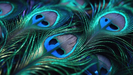 Obraz premium Vibrant peacock feathers with iridescent blue and green hues and eye-like patterns.