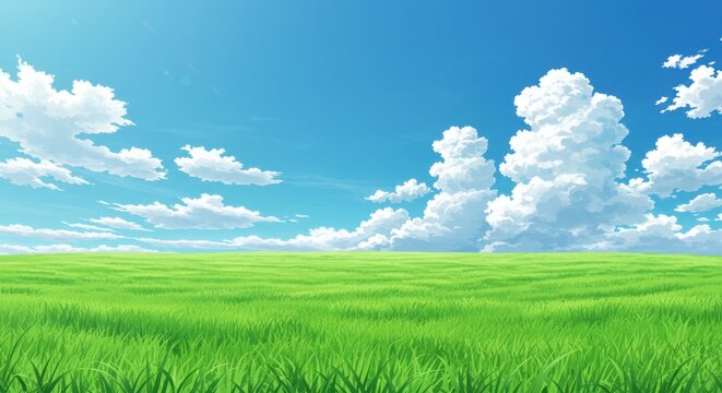 A green field under a blue sky with white clouds daytime landscape.