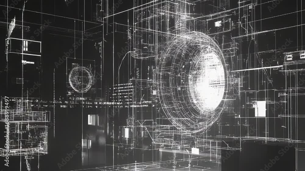 Poster complex wireframe structure illuminating dark digital environment