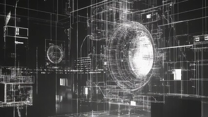 Complex wireframe structure illuminating dark digital environment - Powered by Adobe