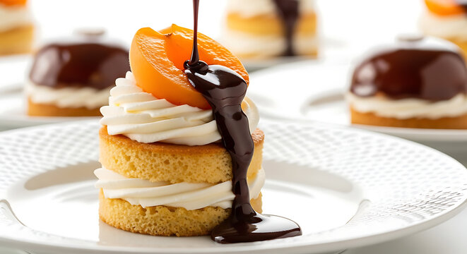 Vector illustration of mini sponge cake with apricot and chocolate sauce - Powered by Adobe