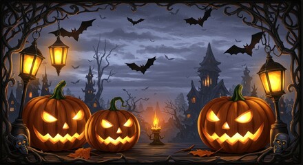 Halloween pumpkins lanterns bats and a spooky castle under a dark sky.