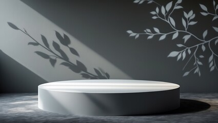 Empty stage or platform with shadows of leaves. Minimalist scene, interior background, and natural light. The concept of simplicity, space, or display background.