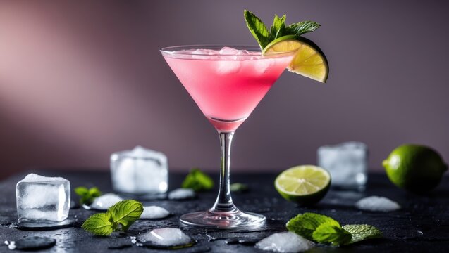 A pink cocktail in a martini glass with lime wedge, mint leaves, ice cubes, and fresh limes on a dark surface. - Powered by Adobe